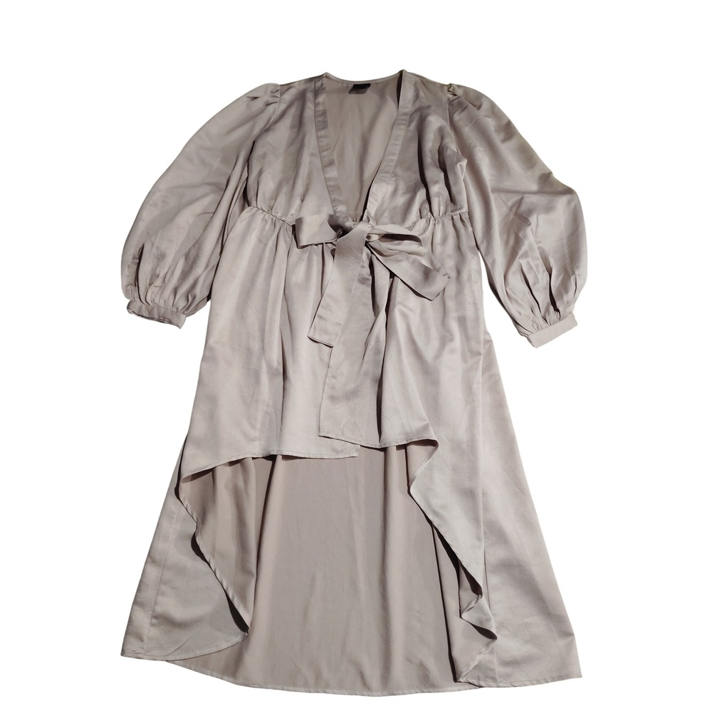 Express Champagne High-Low Balloon Sleeve Satin Wrap‎ Dress SM Pink V-Neck Bow